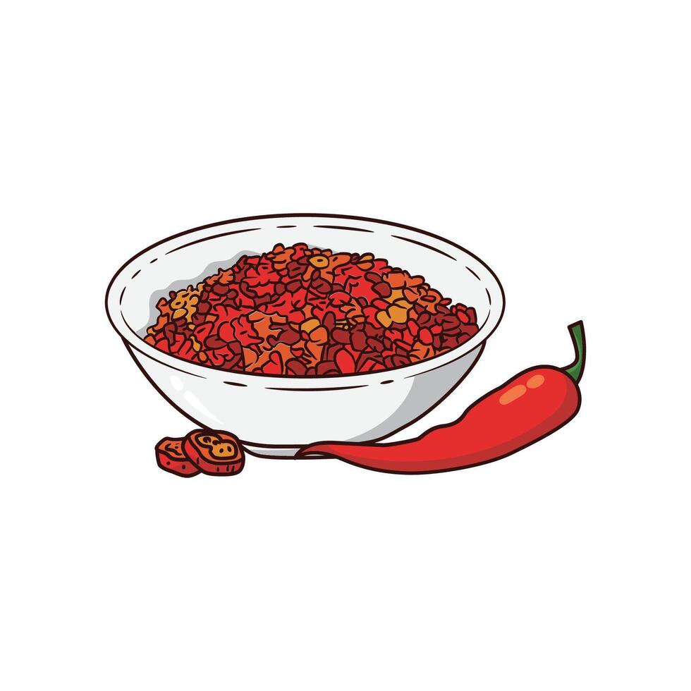 hot chili pepper flakes on bowl , cartoon vector illustration