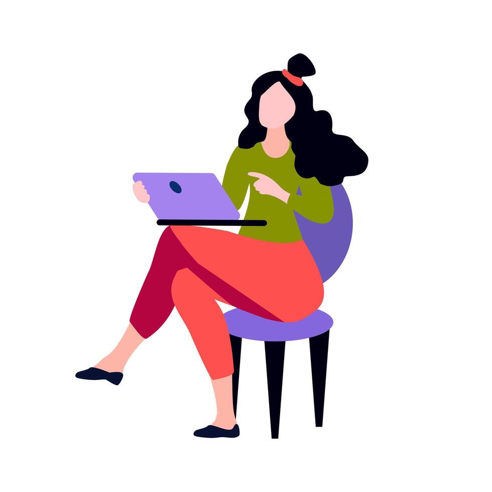 The girl sits on a chair and holds a laptop in her hands. Business lady working remotely. Flat vector