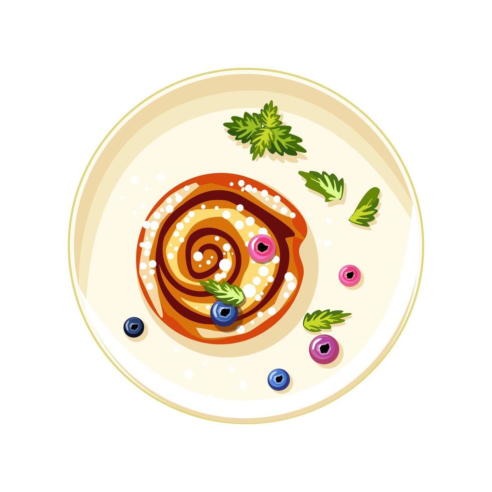 Appetizing pastries with sesame seeds and blueberries on a pink plate. Vegetables on toast. Sweet food for lunch. Self care. Vector