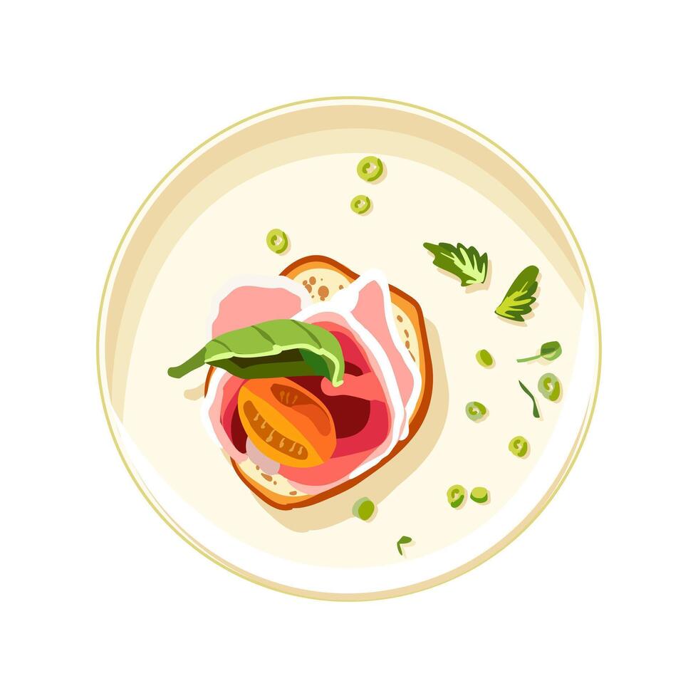 Appetizing bruschetta with meat and lettuce on a porcelain plate. Vegetables on toast. Healthy food for lunch. Self care. Vector