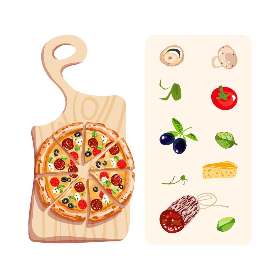 italiano alimento. apetitoso pepperoni Pizza en un corte tablero. ingredientes para Pizza. vector