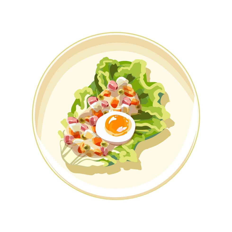 Vegetable mixture with sauce on a porcelain plate. Lettuce leaves and half a boiled egg. Vegetarian food. Healthy eating. Self care. Vector