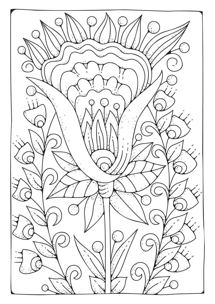Coloring page, art therapy for children and adults. Large fairy doodle flower for coloring. Art line. Black-white background. vector