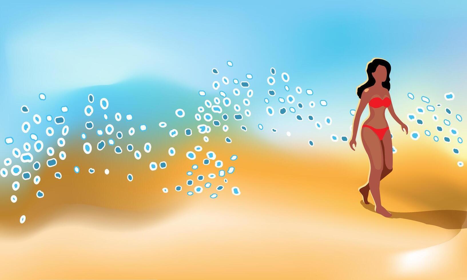 Girl by the seashore. Ocean waves with splashes. Tourism and recreation during the summer holidays. vector
