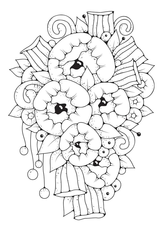 Coloring page, art therapy. Artline a bouquet of flowers for coloring. Black and white vector floral background.