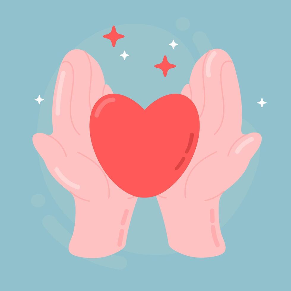 Hands holding a heart. Vector illustration in flat cartoon style.