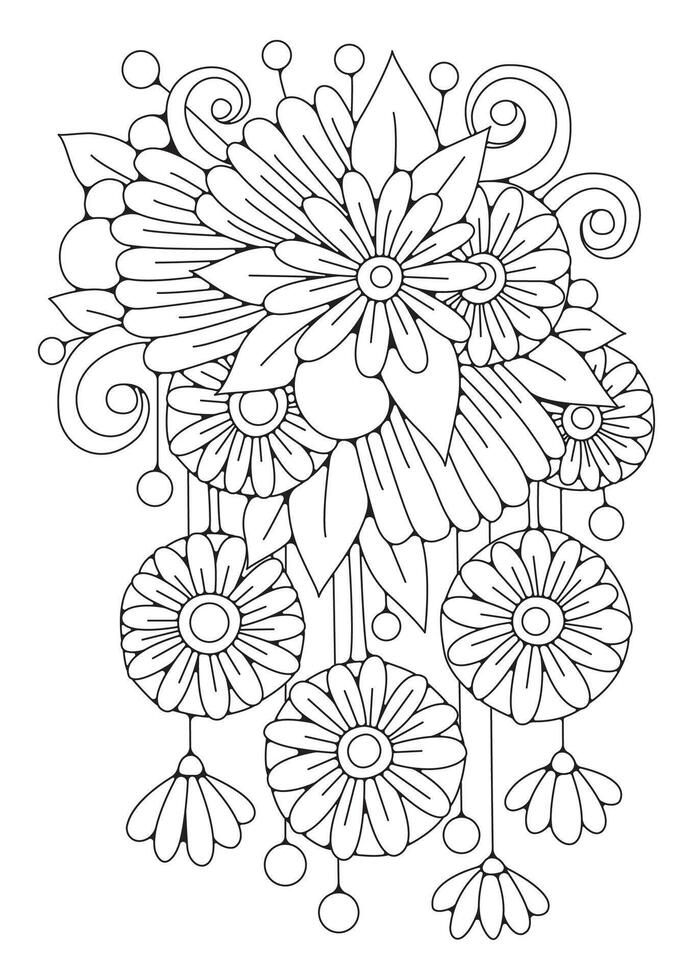 Flowers, buds, curls. Black and white floral illustration for coloring. Coloring page, art therapy for children and adults. vector