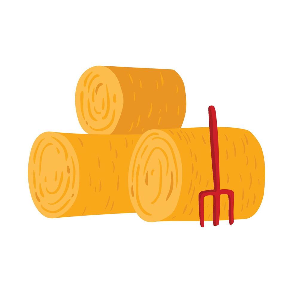 Bales with hay and pitchfork. Vector illustration in cartoon style