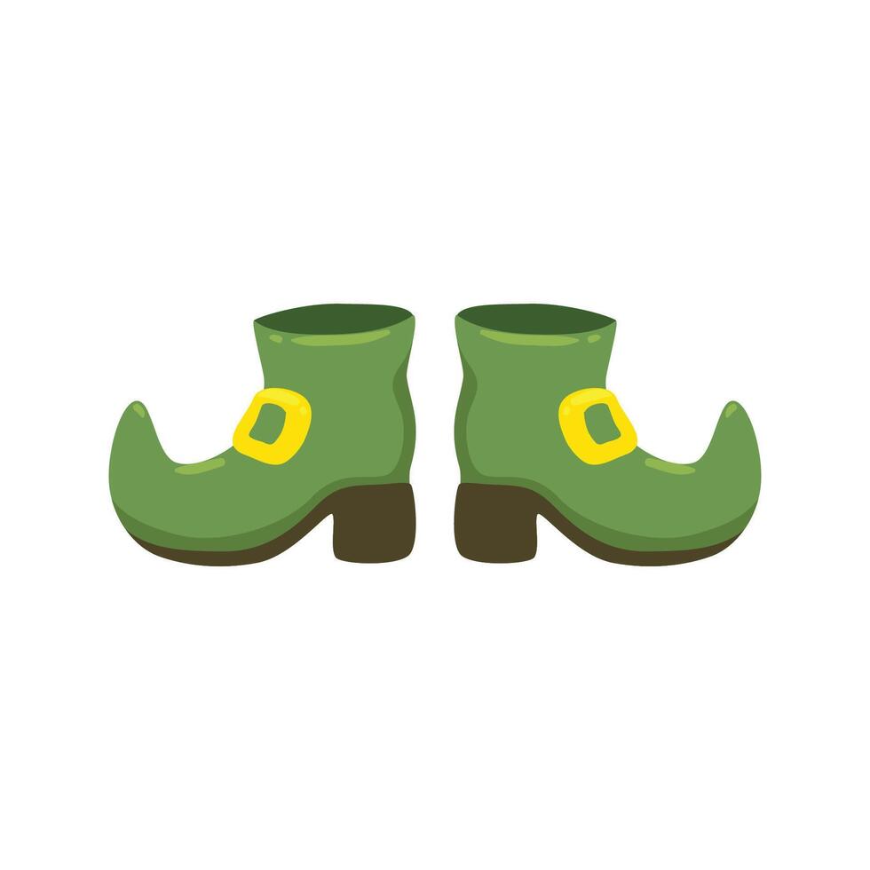 Vector green leprechauns boot in flat design. Clipart for celebrating St Patricks day. Elf shoes with gold