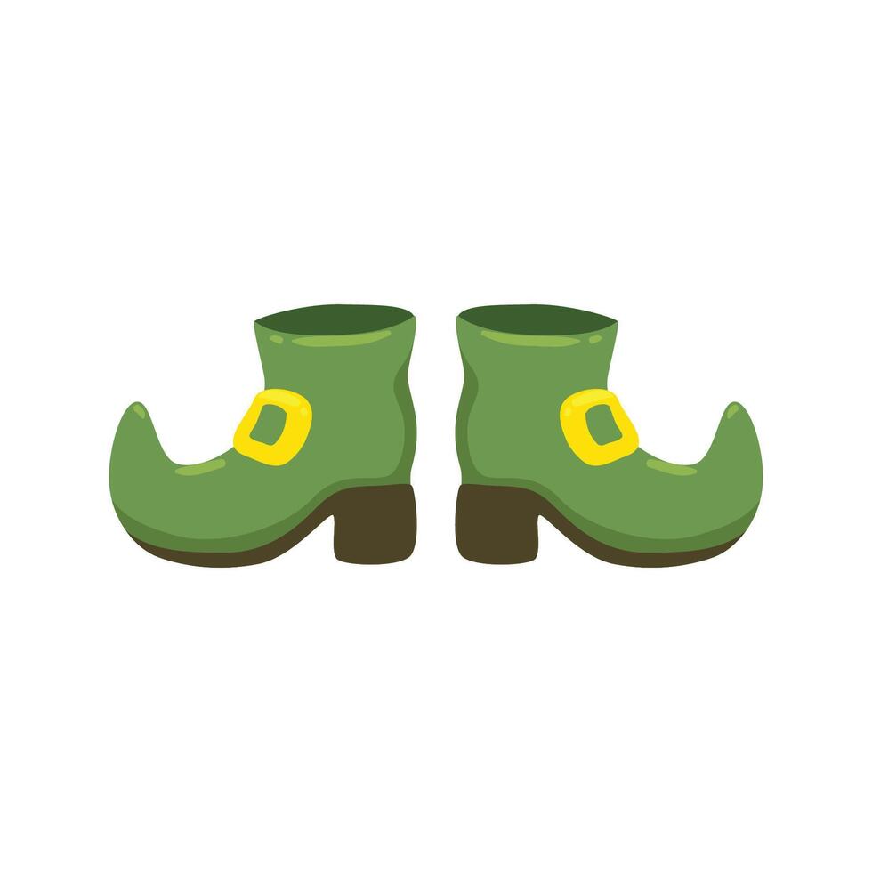 Vector green leprechauns boot in flat design. Clipart for celebrating St Patricks day. Elf shoes with gold