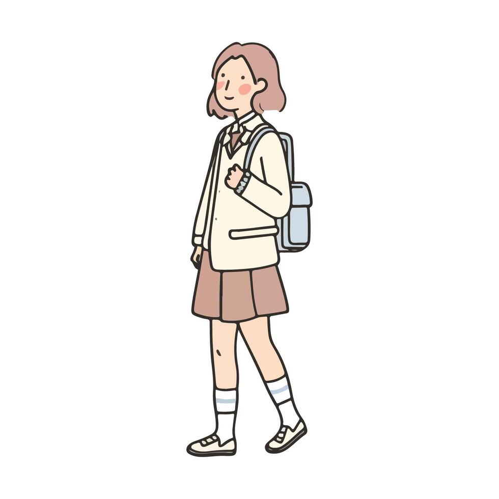 short hair Korean student girl with a bag standing, simple cartoon style, vector outline illustration