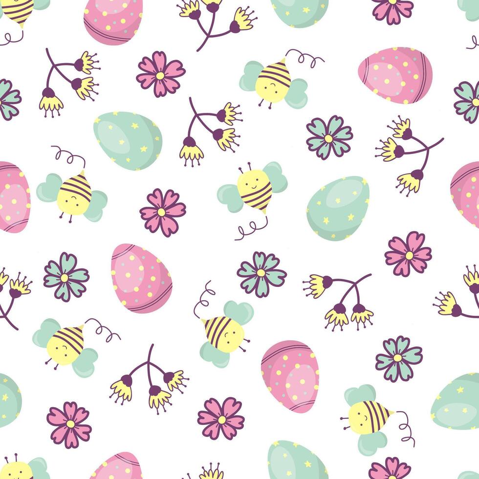 Seamless Easter pattern with eggs, flowers and bee. In bright colors on a white background. Hand drawn style. Creative texture for fabric, paper. vector