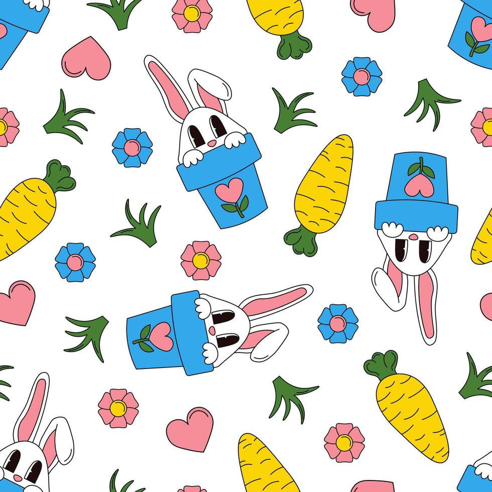 Easter seamless pattern in groove style with a cute bunny in a pot, carrots, flower, heart, and blade of grass. Stock isolated image on a white background. Creative texture for fabric, paper. vector