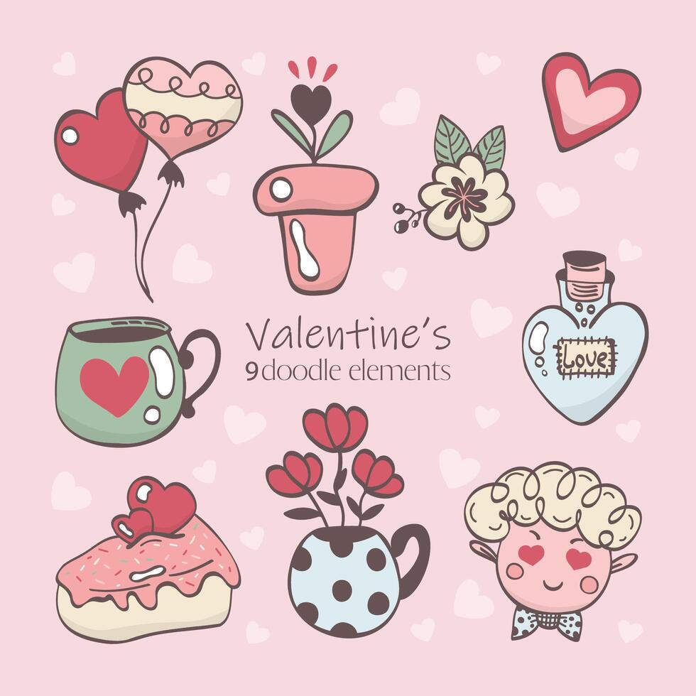 Cute valentine's day doodles vector set. The 14th of February. Colored trendy illustration. All elements are isolated.
