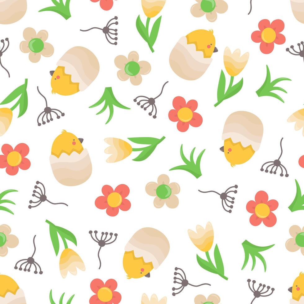 Seamless Easter pattern with chicken in shell and flowers. Stock isolated image on a white background in cartoon style. vector
