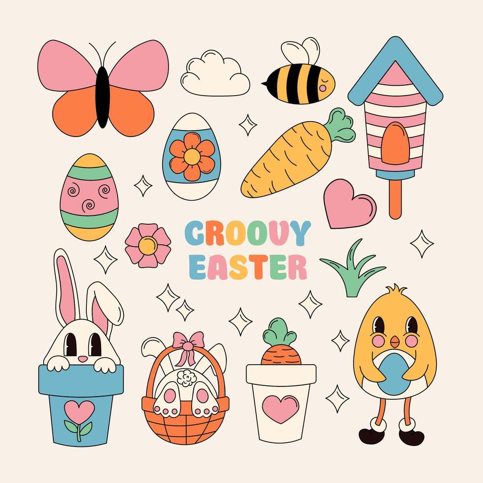 Groovy Happy Easter set. Easter bunny, eggs, butterfly, chicken, bee, flower. Set of cartoon characters and elements in trendy retro 60s 70s cartoon style. Flat vector hand drawn illustration.