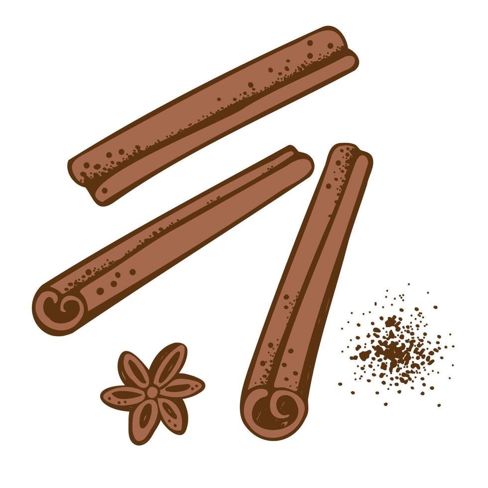 Cinnamon sticks bark brown spice sketch hand drawn vector illustration. Set with engraved rolled cinnamons design background with Spicy seasoning condiment aromatic ingredient for oil, cooking, baking