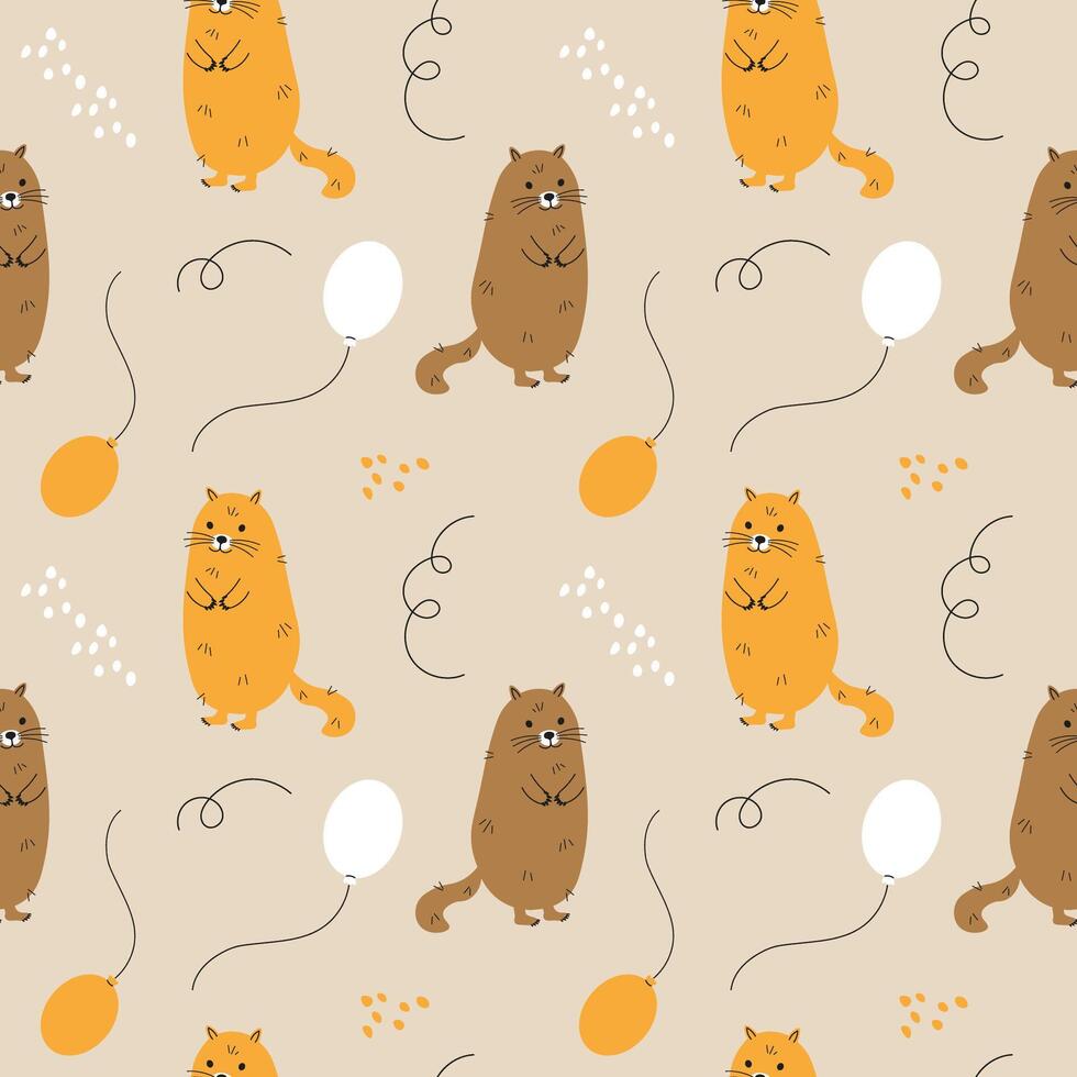 Groundhog cartoon animal rodent with balloons hand drawn seamless pattern festive background flat vector illustration Groundhog Day greetings 2 February design backdrop with Marmot children's ornament
