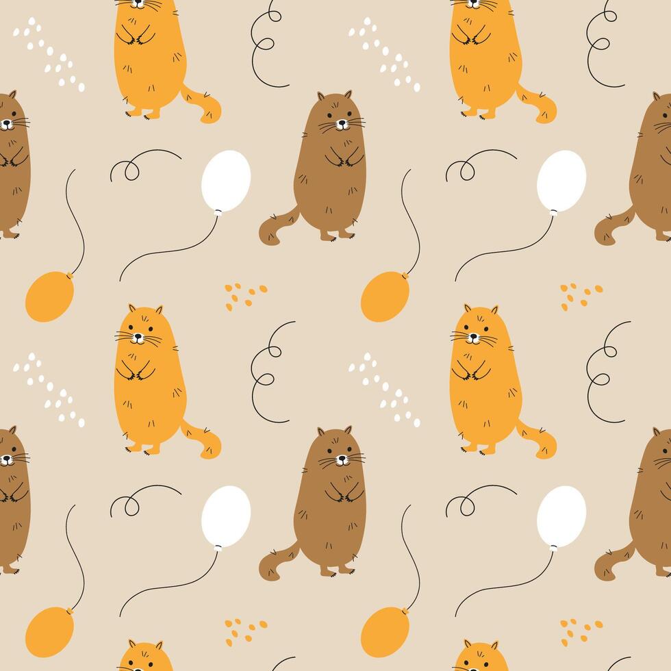 Groundhog cartoon animal rodent with balloons hand drawn seamless pattern festive background flat vector illustration Groundhog Day greetings 2 February design backdrop with Marmot children's ornament