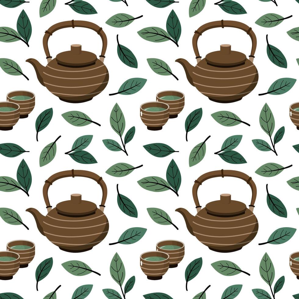 Tea leaves, cups of green tea and a teapot. Green tea. Vector hand drawn illustration. Isolated on white background.