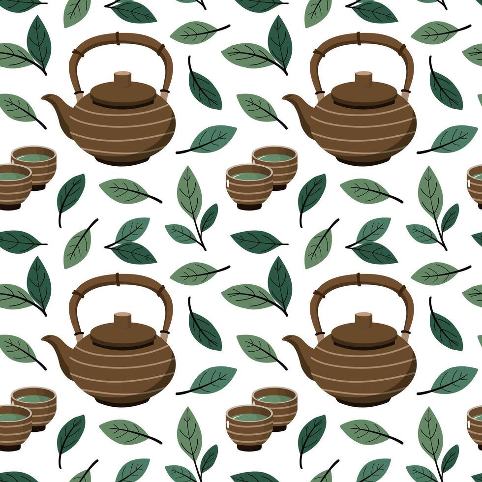 Tea leaves, cups of green tea and a teapot. Green tea. Vector hand drawn illustration. Isolated on white background.