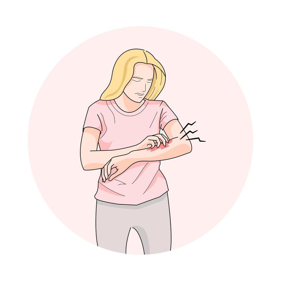 illustration of an unhappy suffering woman scratching the skin on her hand. Various skin problems, such as allergies, psoriasis, itching, atopic dermatitis, eczema, dryness, redness. vector