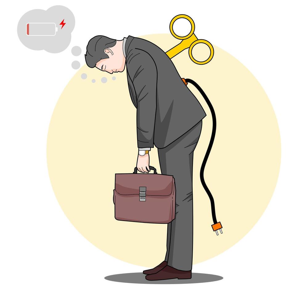 Tired man office worker standing with Low power symbol. Hand drawn style vector design illustrations.