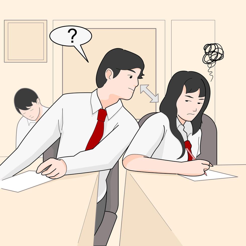 school classmate cheating answer on test exam vector