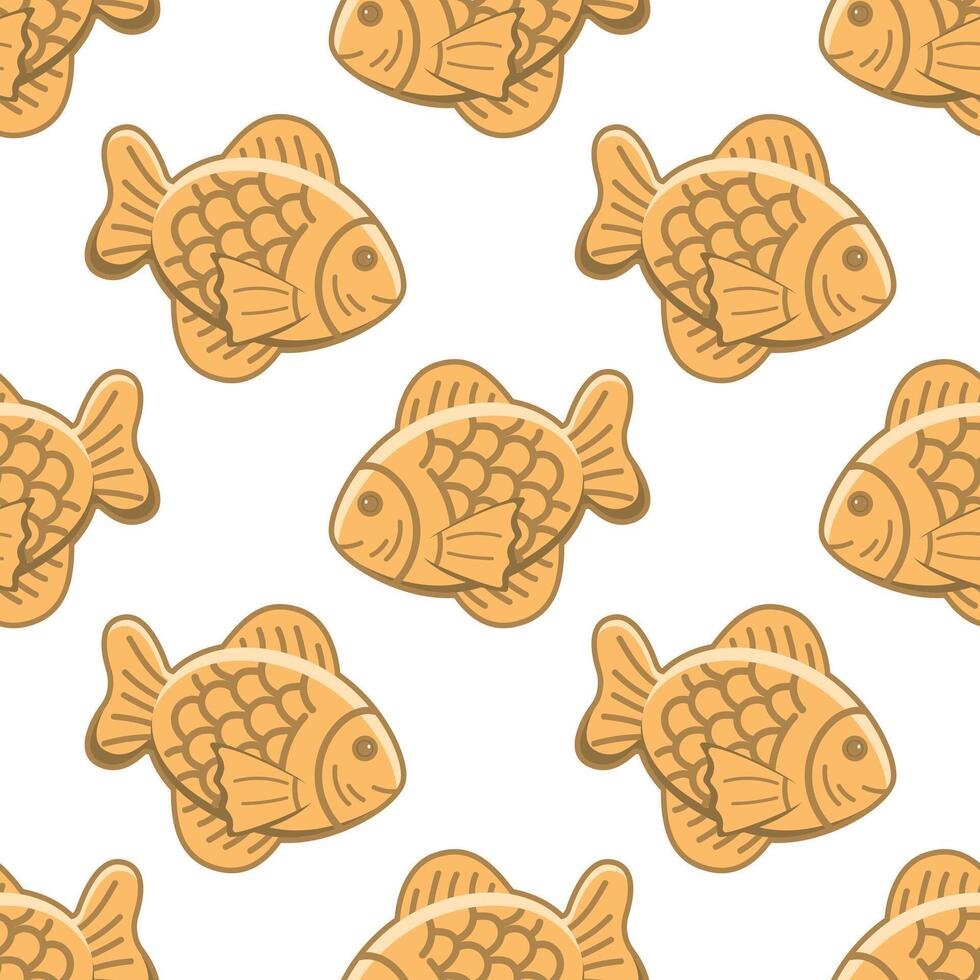 Pattern of Japanese dessert Taiyaki. Food dessert filled with sweet azuki beans paste. Cartoon vector illustration. Isolated on white background.