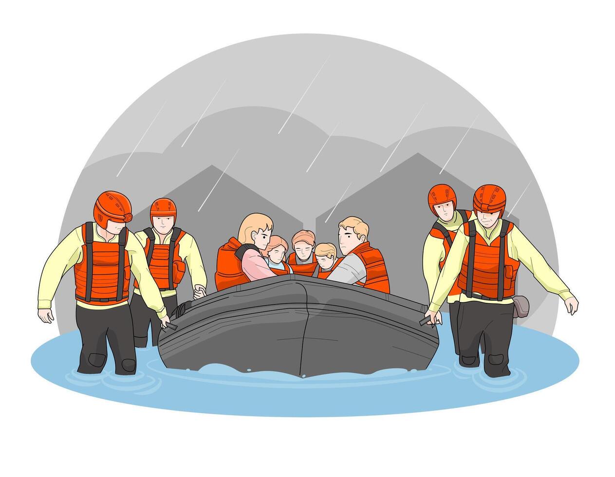 Rescued Flood Survivors Sitting in Inflatable Boat Flat Cartoon Vector Illustration. People Saved from Flooded Buildings. Natural Disaster. Water Covering Land and Houses. Family in Life Vest