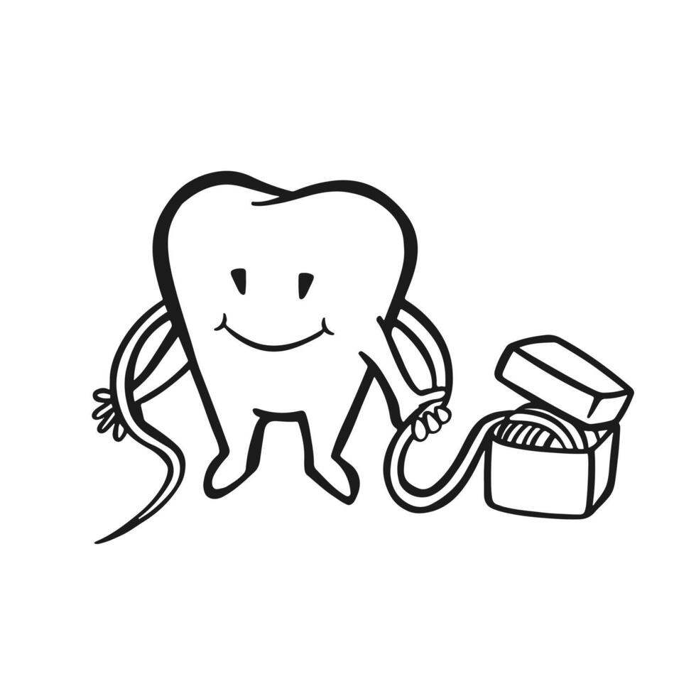 diente personaje limpieza con hilo dental, oral higiene, contorno vector