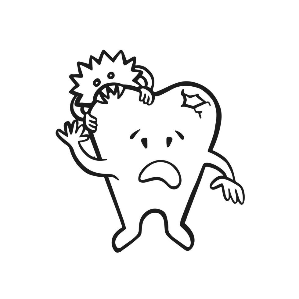 sad character tooth broken due to caries monster, oral hygiene, outline vector