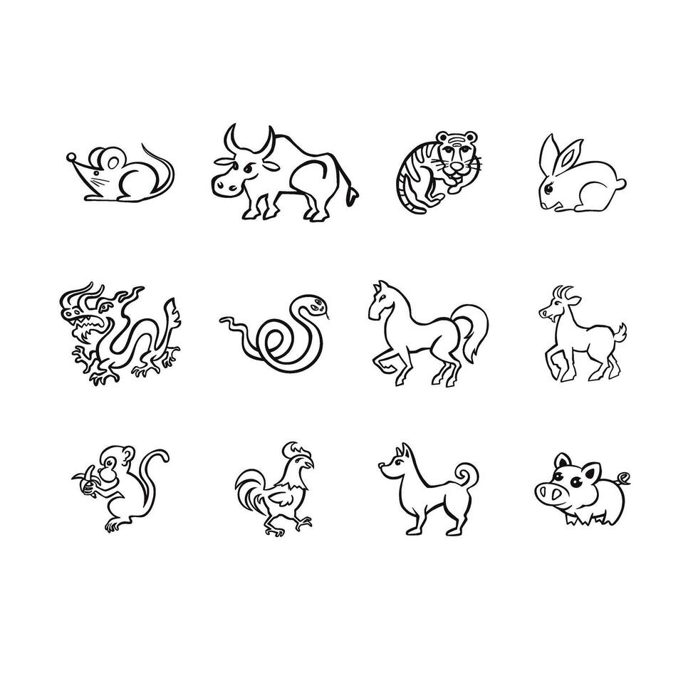 Set of Eastern horoscope Symbols, line symbol of the year, outline vector illustration