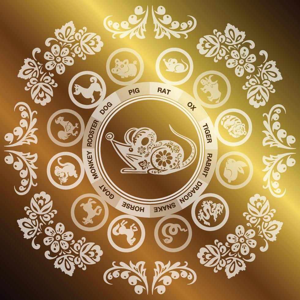 Card with golden rat, mouse in flowers in ethno-boho style and vector illustration eps 10