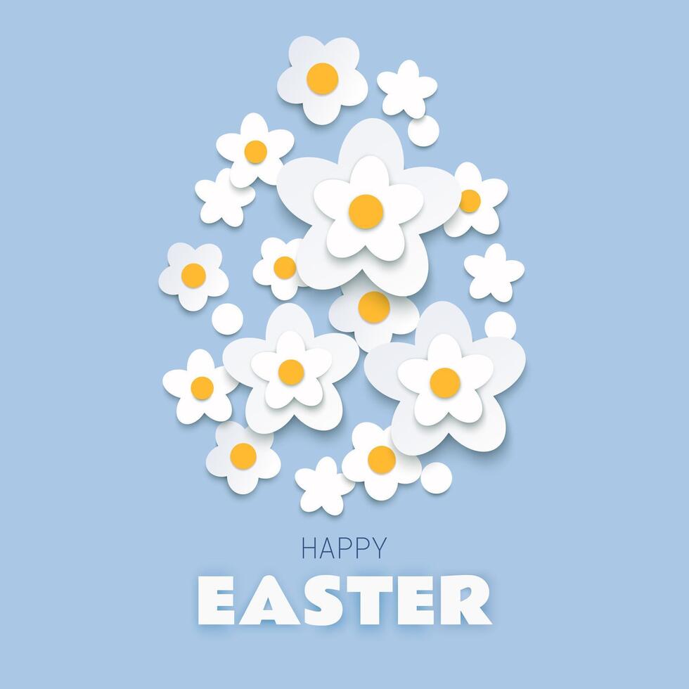 Happy Easter cute greeting card paper cut design with spring white blossoms arranged in an egg shape vector