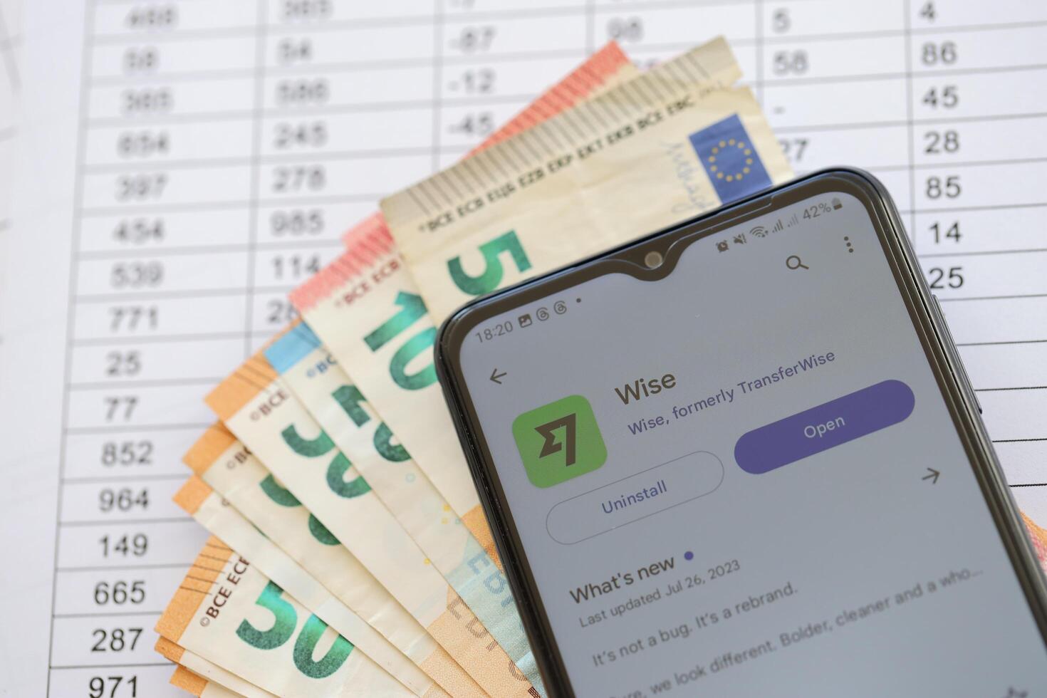TERNOPIL, UKRAINE - AUGUST 3, 2023 Wise application on screen on modern smartphone and many bills of euro currency photo