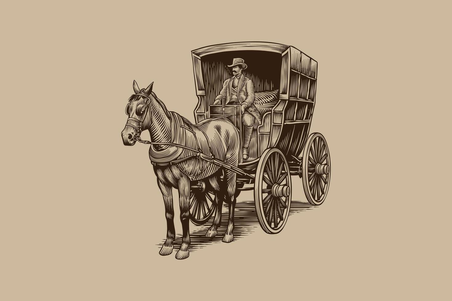 illustration of a horse-drawn carriage using engraving techniques vector