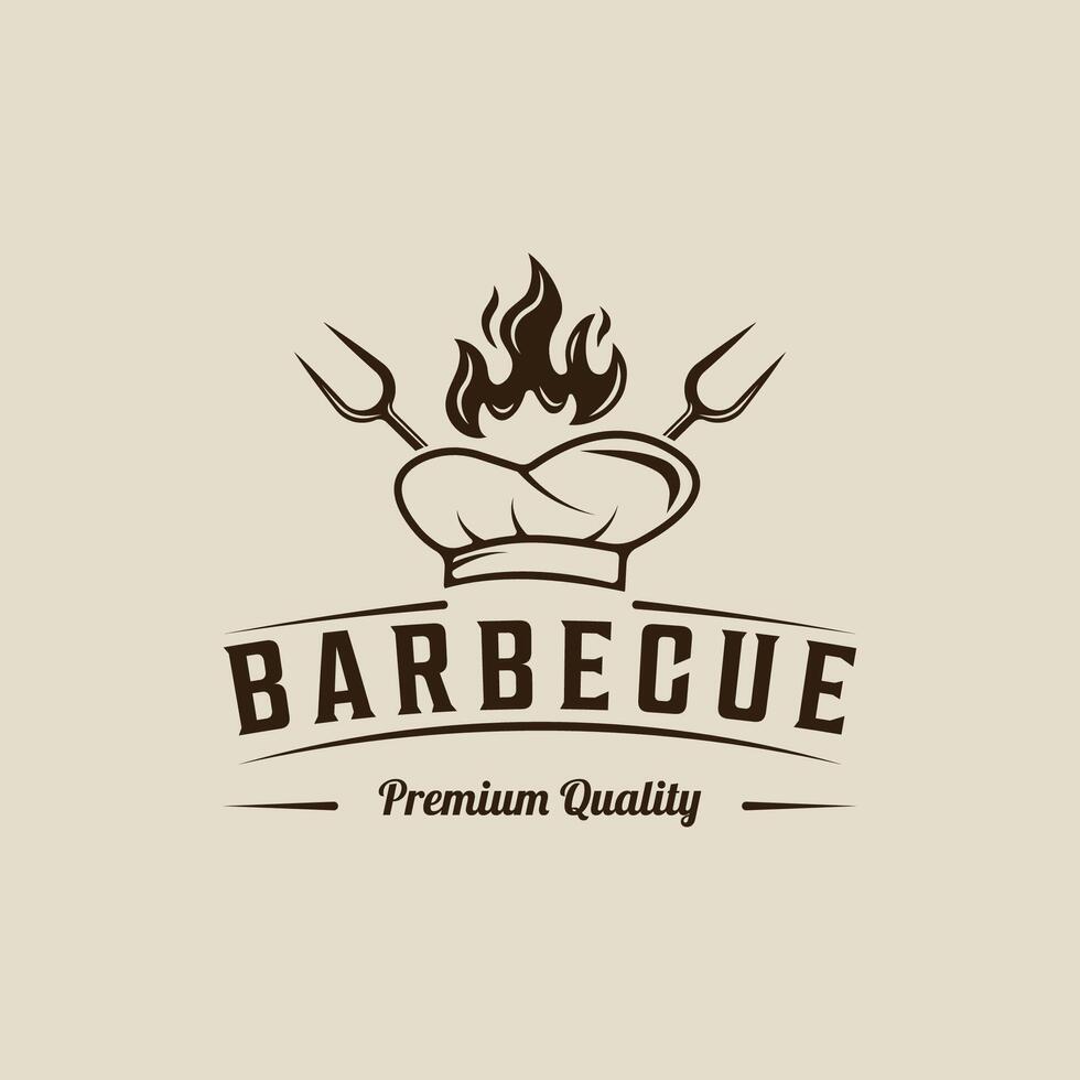 parilla logo Clásico vector ilustración modelo icono gráfico diseño. barbacoa parrilla con fuego cocinero sombrero espátula y tenedor firmar o símbolo para comida restaurante filete casa con retro tipografía estilo