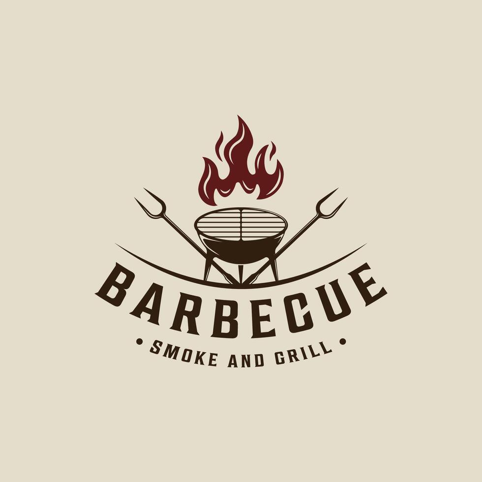 Barbecue Grill Silhouette logo vector vintage illustration template icon graphic design. BBQ steak house  with flame and fork sign or symbol for food restaurant with retro typography style