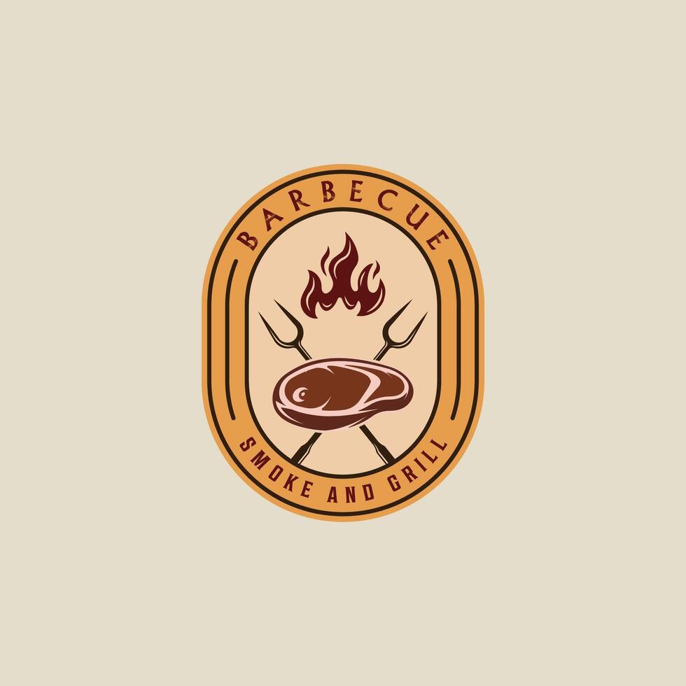 barbecue steak logo emblem vector illustration template icon graphic design. BBQ grill with flame and meat fork sign or symbol for food restaurant steak house with badge retro typography style