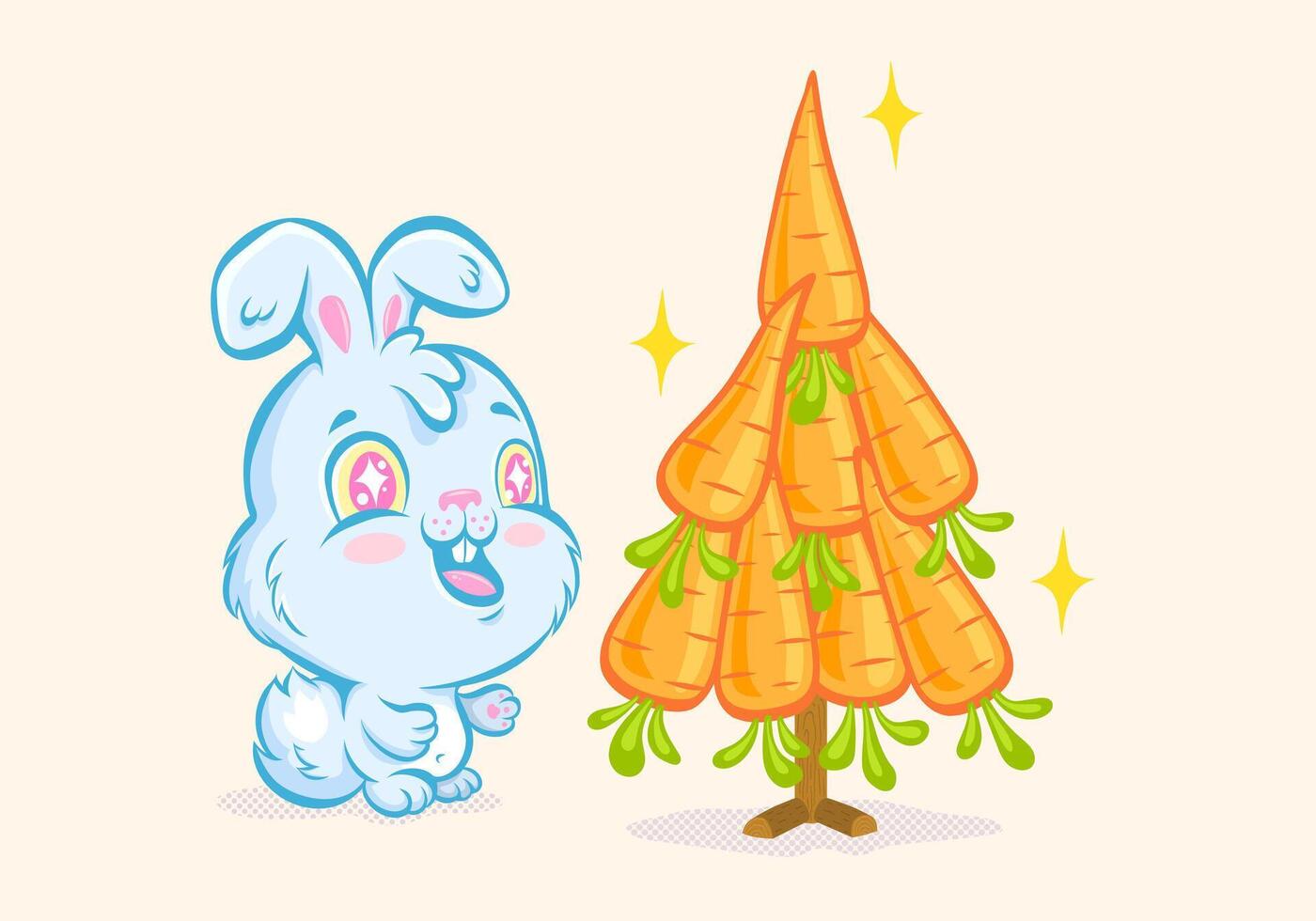 Vector illustration of a cute rabbit and carrots like Christmas tree for Chinese new year of 2023. Vector  kawaii rabbit for 2023 year.