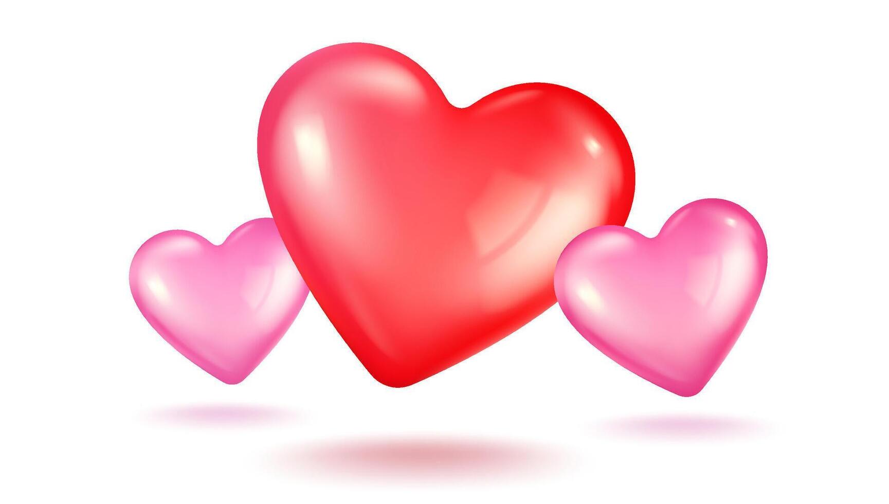 Vector icon of three pink hearts for Valentine's Day in realistic 3d style. Vector realistic banner with heart on white background.