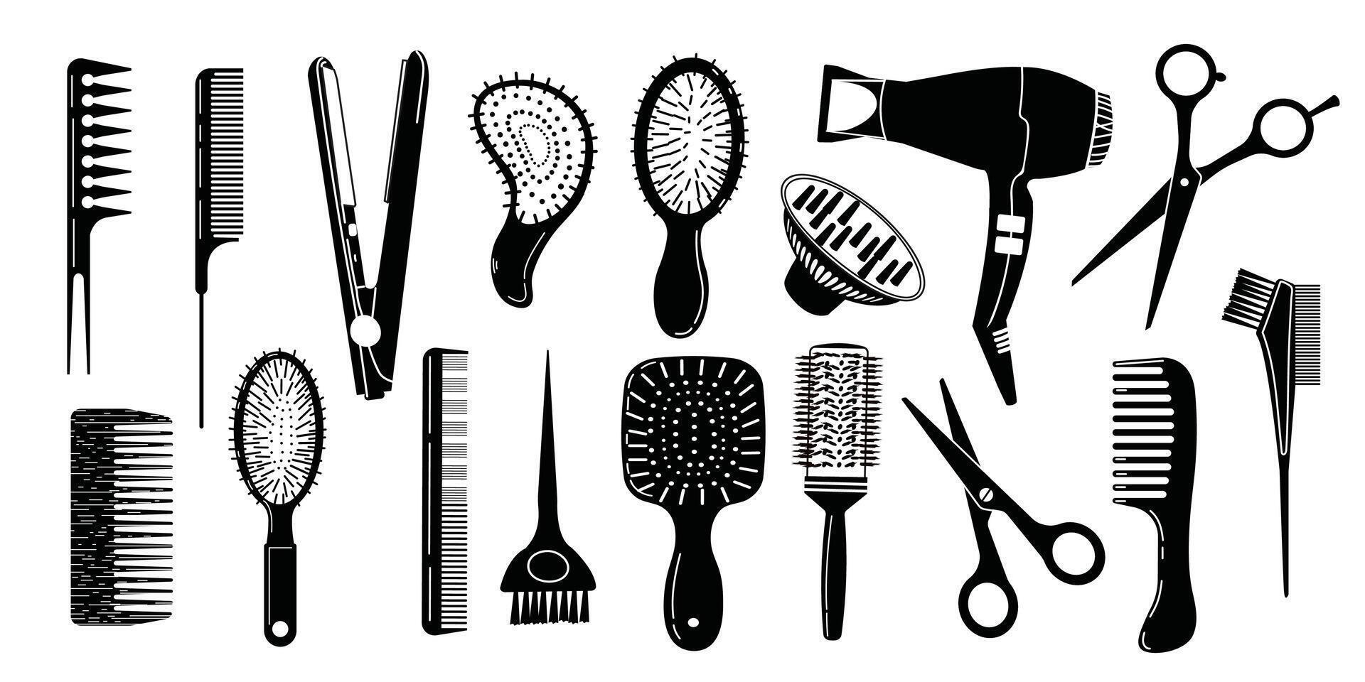 Hair stylist tools set. Black and white icons for hairdressing salon. Hair dryer, comb, scissors and professional tools for hairdressing salon.Vector illustration. vector