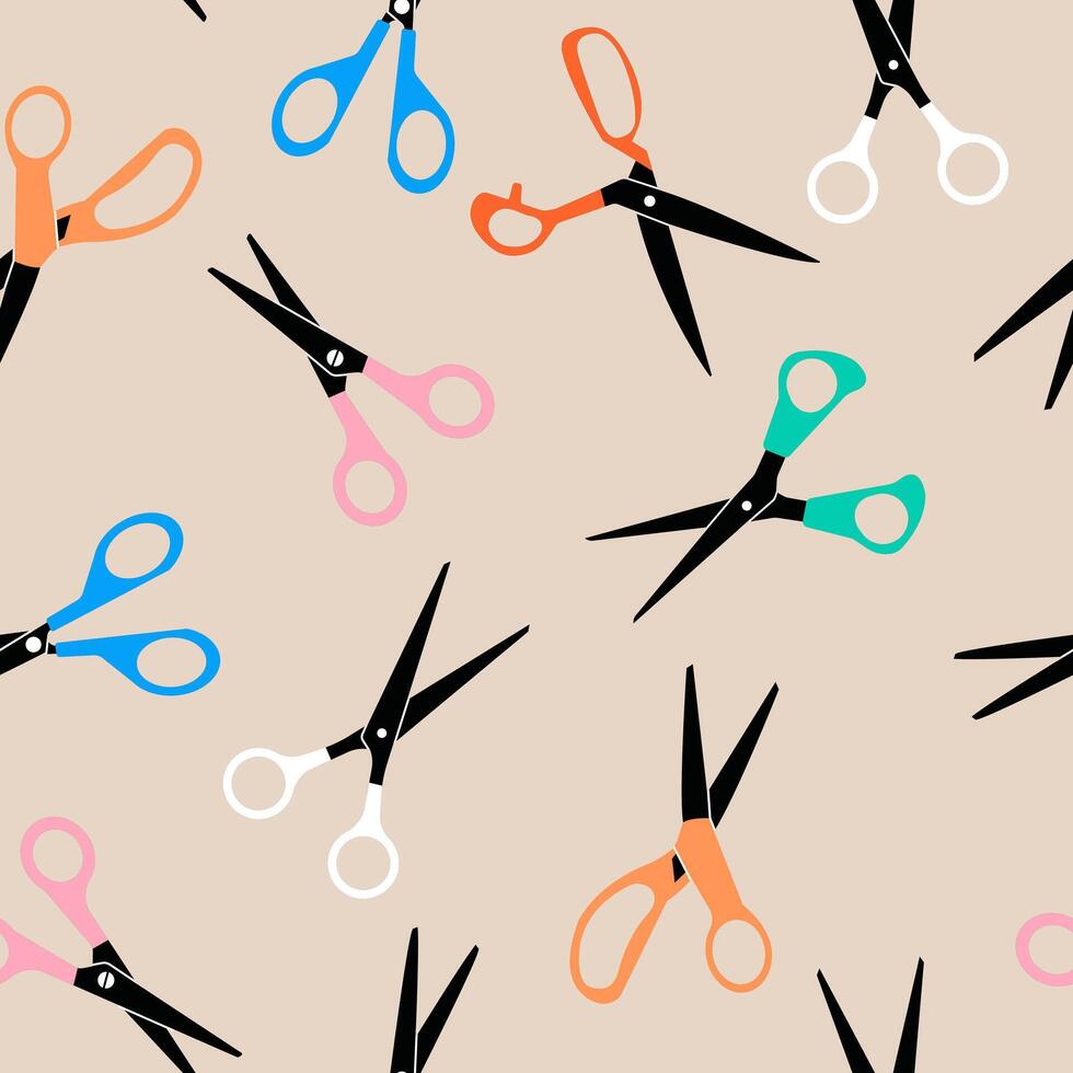 Seamless pattern with hairdressing scissors.Multi-colored scissors on a beige background. Sewing background and cloth design. vector