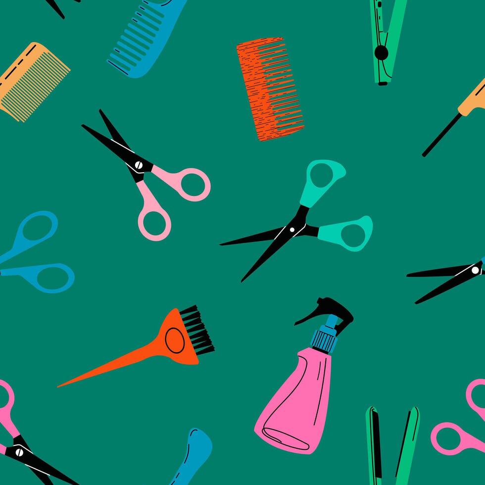 Seamless pattern with hand drawn hairdressing salon objects on a dark background. Vector illustration of hairbrush, scissors.Wallpaper, textile, wrapping paper design template.