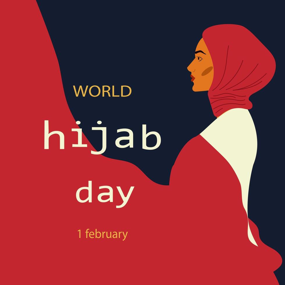mundo hijab día, retenida en 1 febrero. un musulmán mujer en un hiyab vector ilustración de un niña en un Pañuelo.