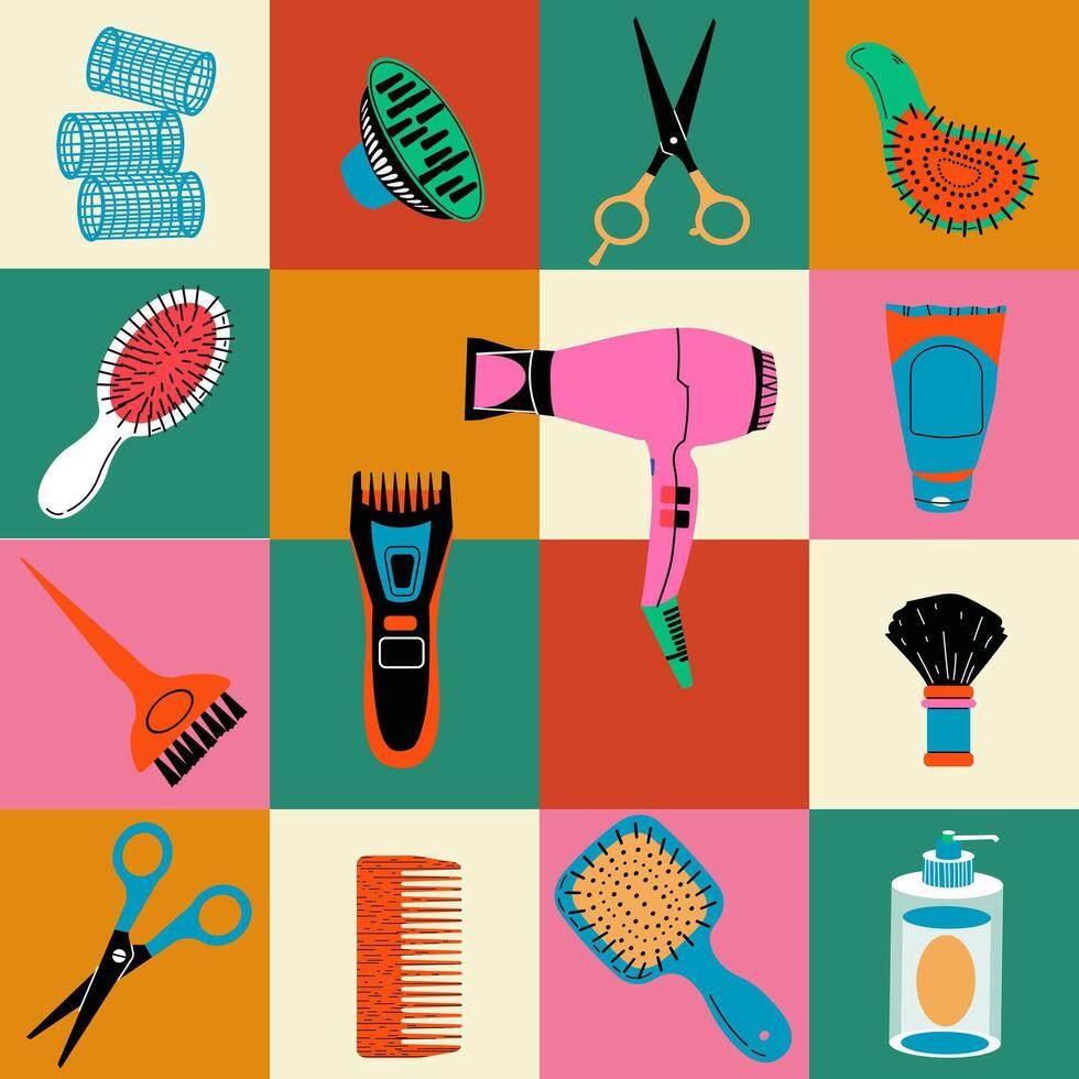 Multi-colored tools for a hair salon. Seamless pattern. A set of tools for a hair stylist. Hair dryer, hairbrush, scissors and different professional tools. vector