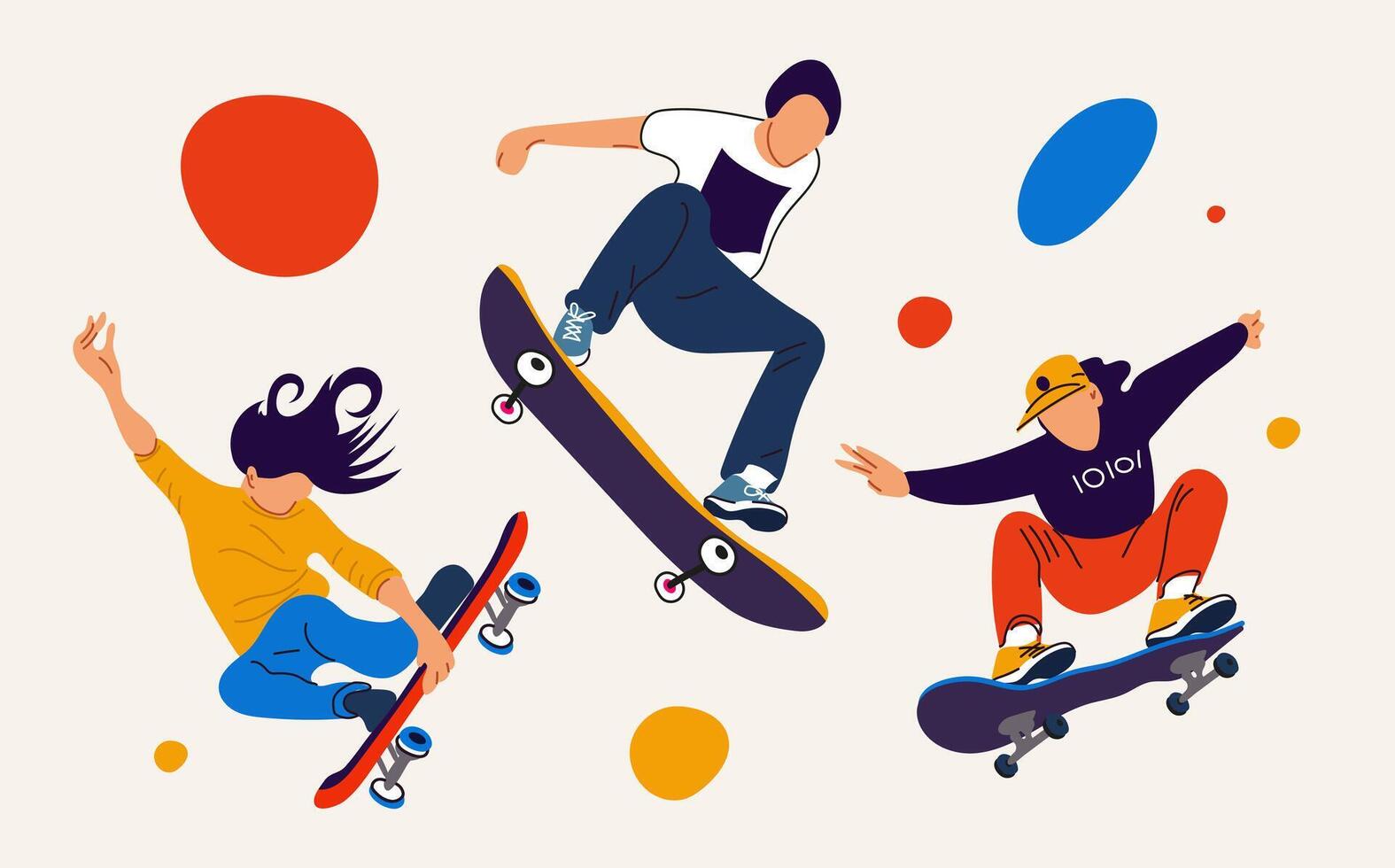 conjunto de moderno patinadores saltando con patinetas adolescentes paseo un longboard, saltar y realizar trucos. calle actividad para adolescentes en tablas largas. dibujos animados plano vector colección aislado en blanco espalda