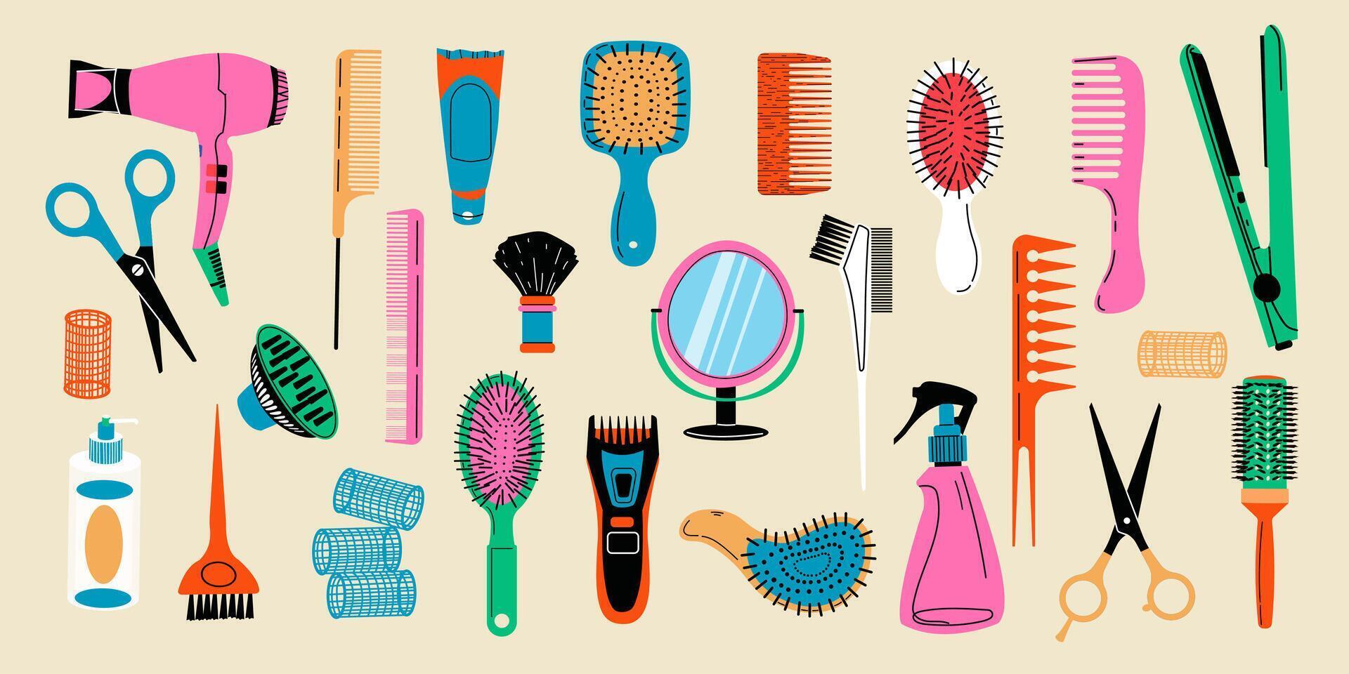 Set of equipment for a hairdresser. Collection of tools for hair cutting and styling. Hairdryer, hairbrush, scissors and professional tools for barbershop. Hand drawn vector illustration on light bac