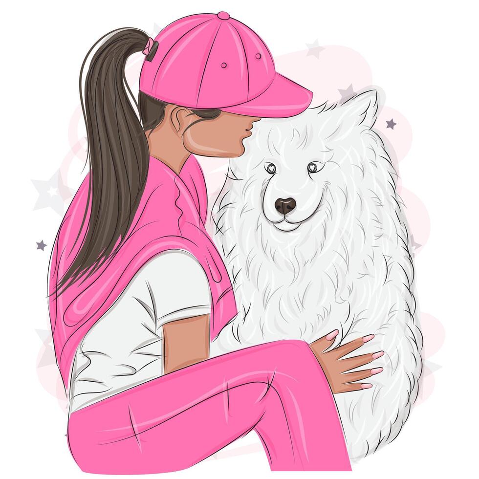 Girl with big white dog vector fashion illustration
